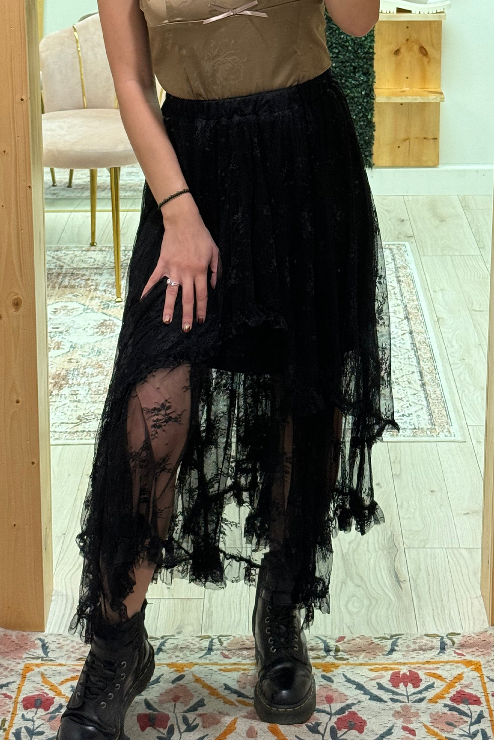 Apricot Lace Cascading Tiered High Waist Maxi Skirt Black 90%Polyamide+10%Elastane d688a7c675de48ba_aef4b140-39ad-41a9-b0ed-614e0d105ed1
