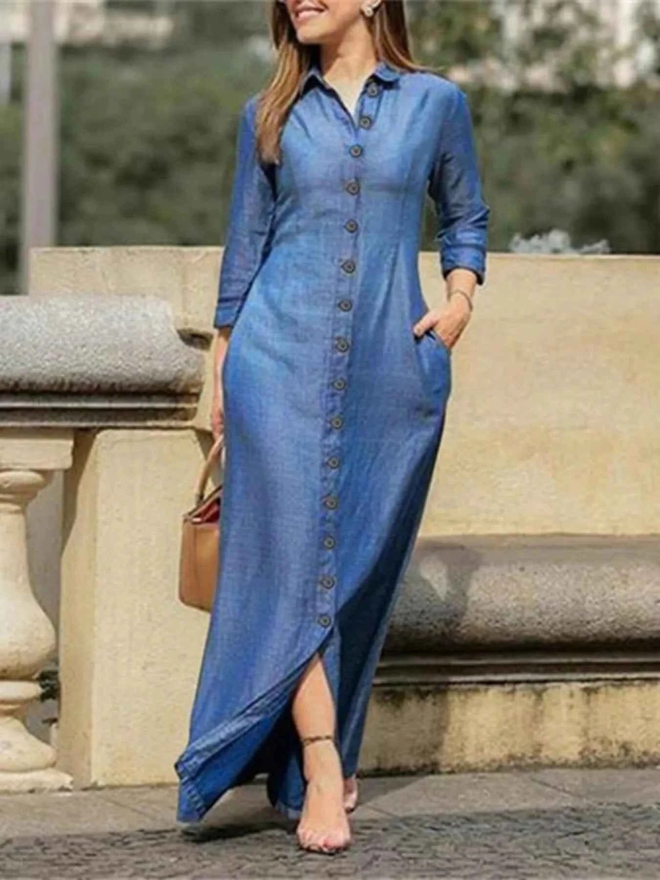 Full Size Button-Down Maxi Denim Dress Plus Size Light Blue d690a0da5d764dbeba015a2fedb46c1c-Max-Origin