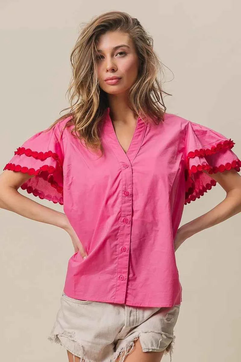 BiBi Dot Trim Flutter Sleeve Notched Top d692af10acd34d518688b9eb1a314389-Max-Origin