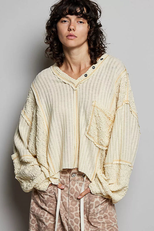 POL V-Neck Long Sleeve Top with Stitch Detail NATURAL d693a0a5-7d02-4f8b-933e-a21225492d0e-Max-Origin