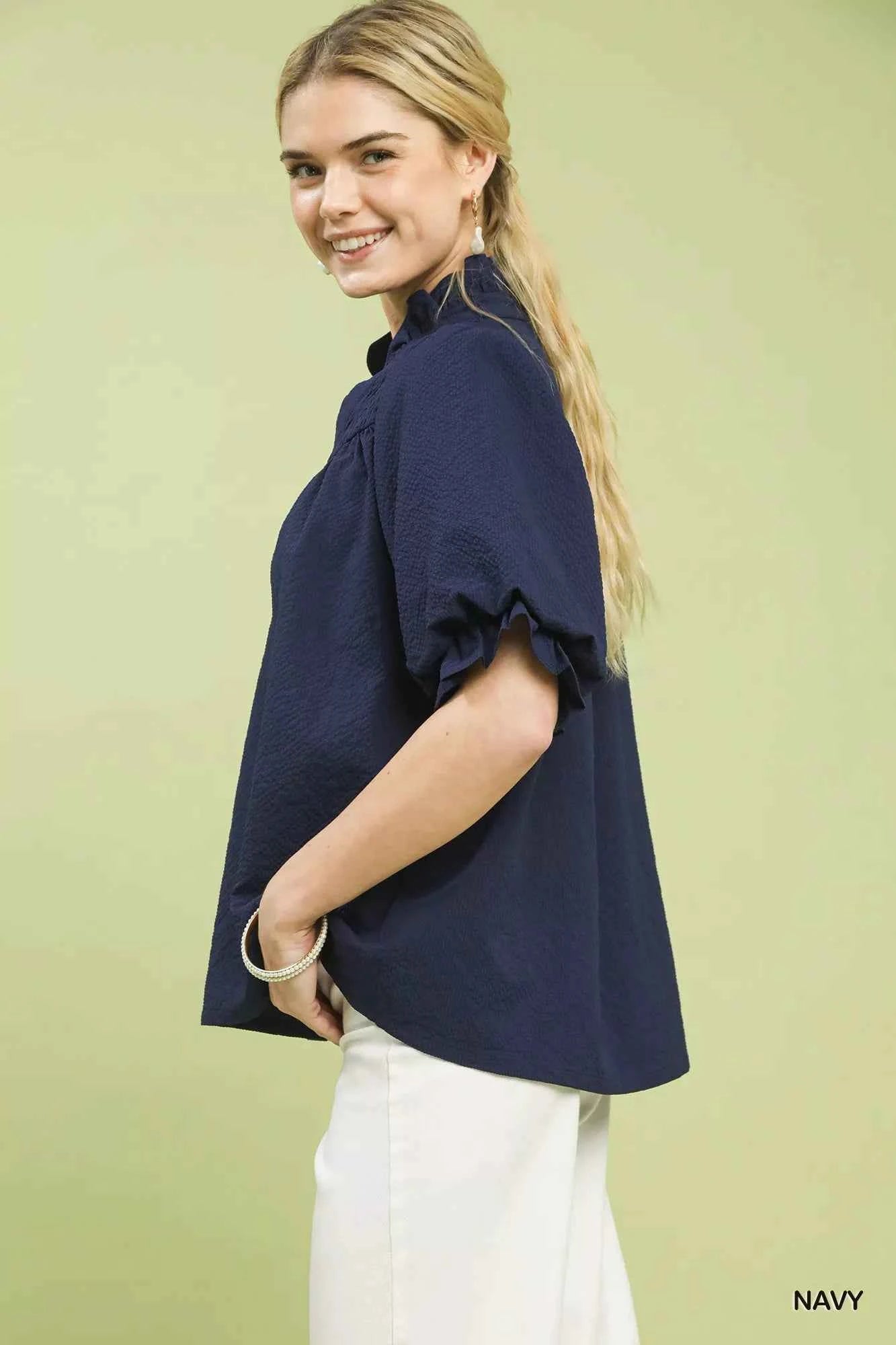 Umgee Textured Smocked Yoke Split-Neck Top d696a48a-0547-4889-8bb5-f5594698cd07-Max-Origin