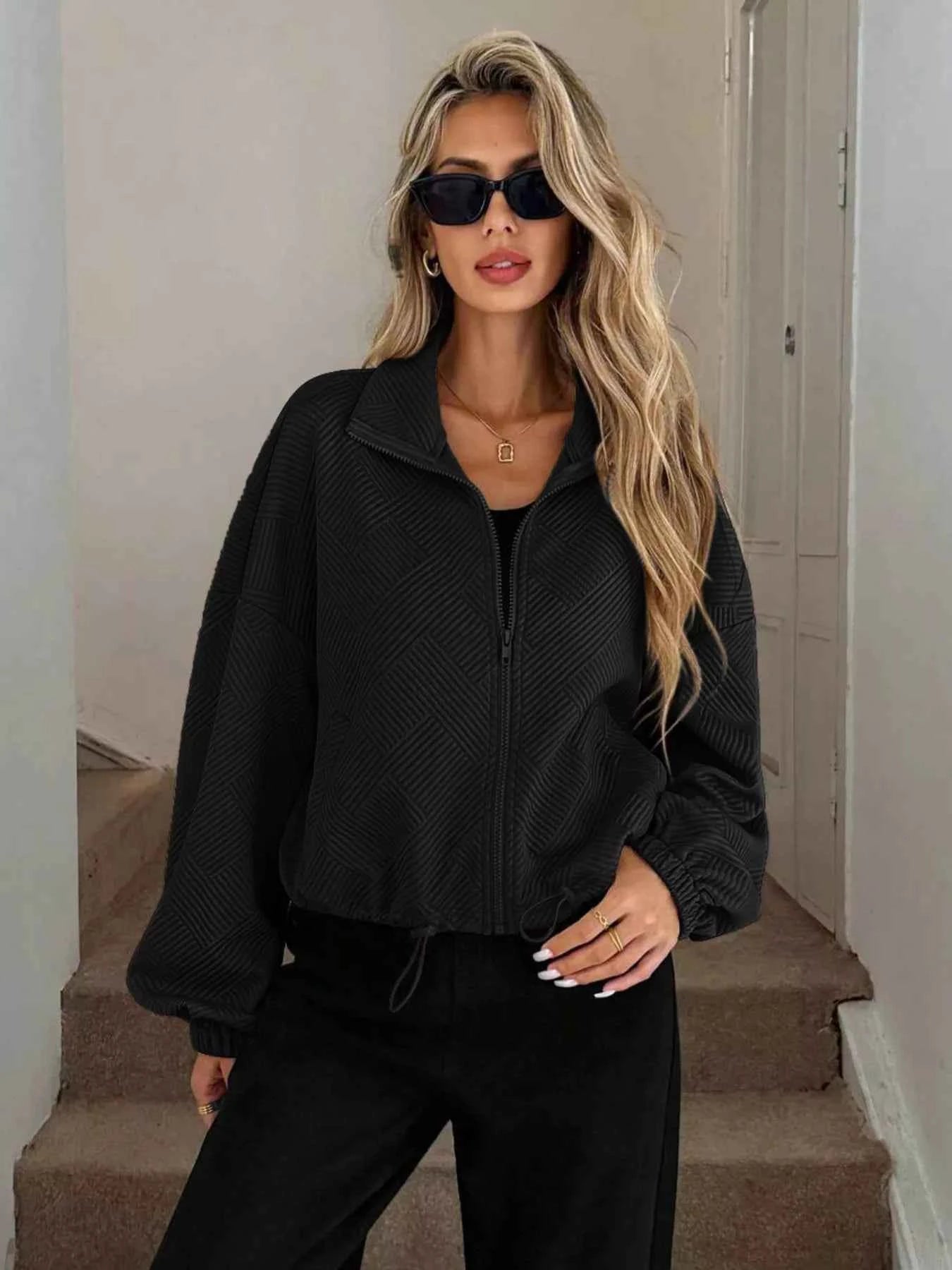 Drawstring Hem Textured Long Sleeve Jacket Black d699b285f7e44f20b22236e95a7b4cf7-Max-Origin