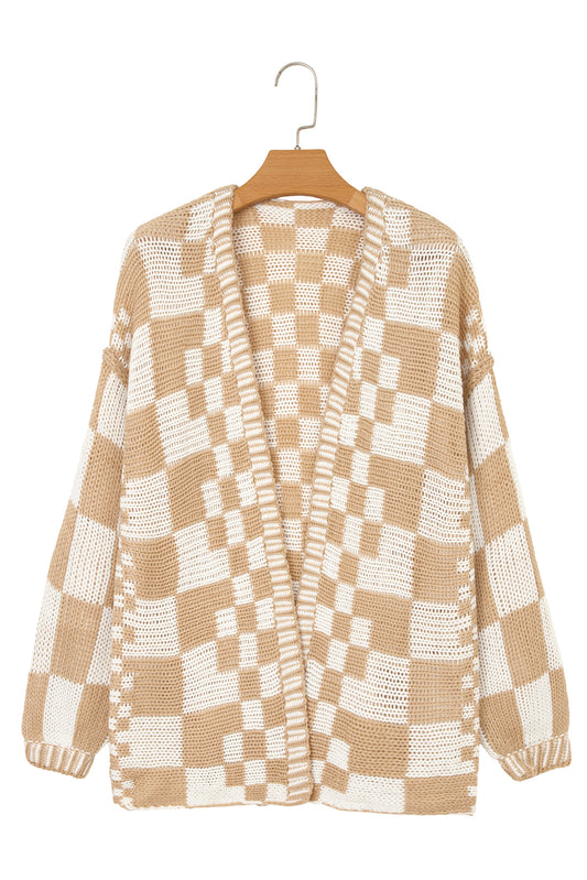 Smoke Gray Colorblock Checked Open Front Knitted Cardigan d69a2c0d74803b81
