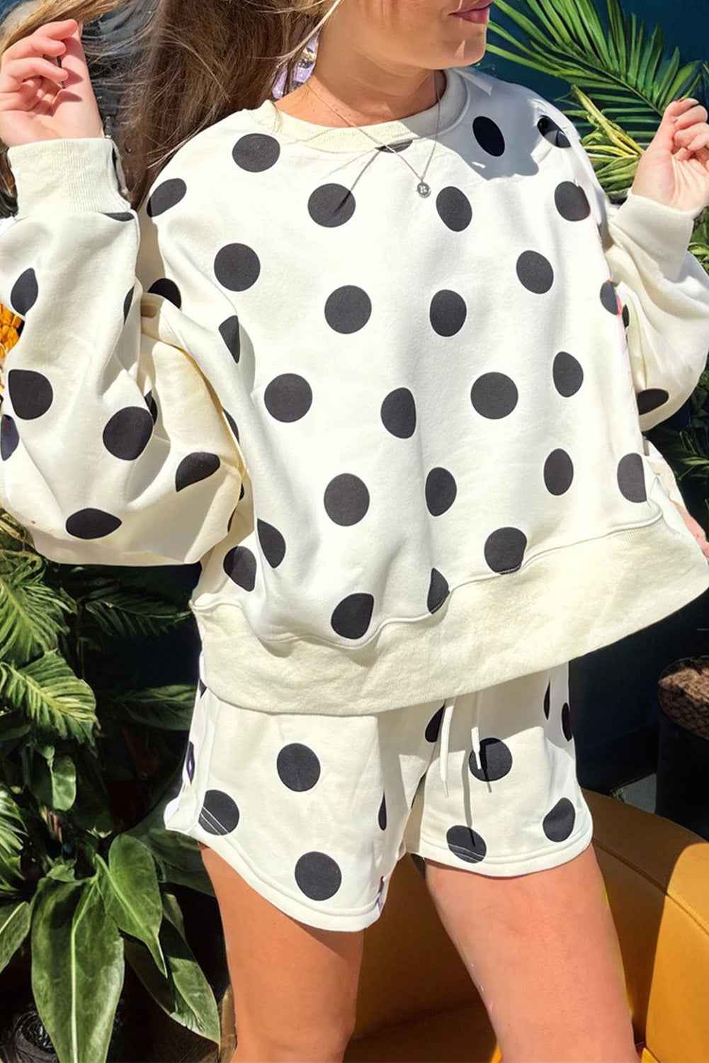 Sky Blue Polka Dot Print Drop Shoulder Pullover Drawstring Shorts Set Beige 95%Polyester+5%Elastane d69edf9c93e17081