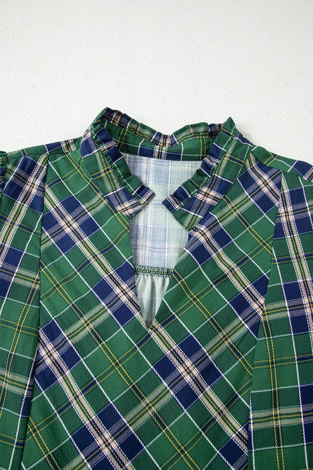 Green Plaid Print Frill Neck Long Sleeve Mini Dress d6a0c901bdb49f2e