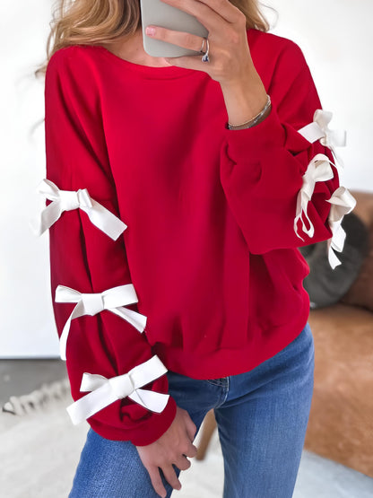 Contrast Bow Round Neck Long Sleeve Sweatshirt