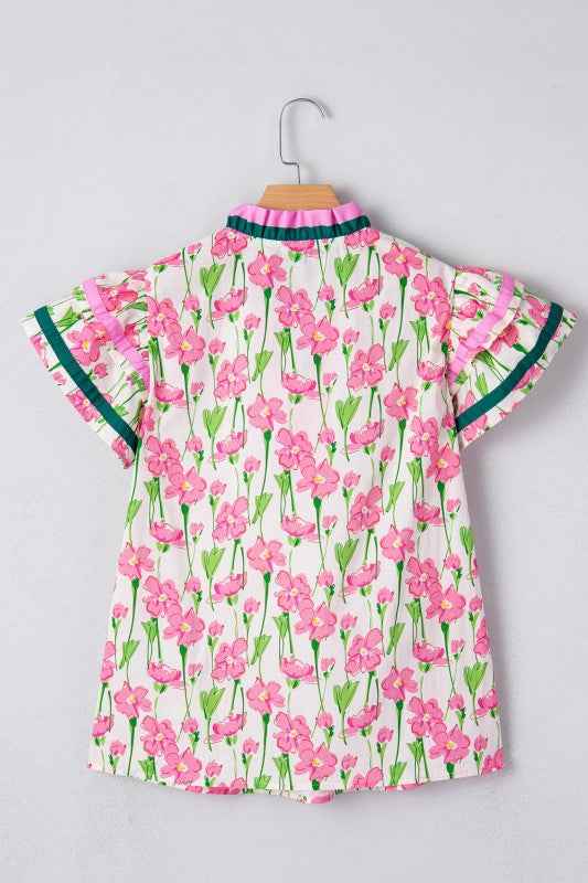 Floral Contrast V-Neck Ruffle Short Sleeve Blouse d6a3f14f-f33d-49b8-887e-28bb0c1d9391