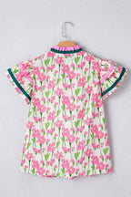 Floral Contrast V-Neck Ruffle Short Sleeve Blouse d6a3f14f-f33d-49b8-887e-28bb0c1d9391