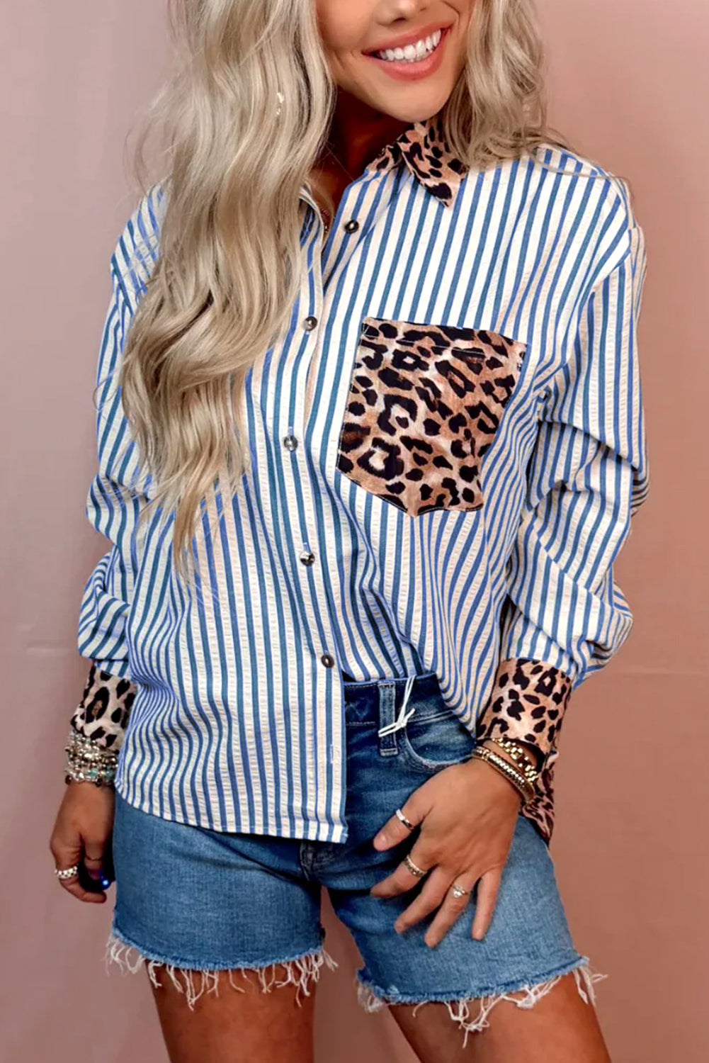 Sky Blue Leopard and Striped Patchwork Button Shirt d6a52fab33f673f6