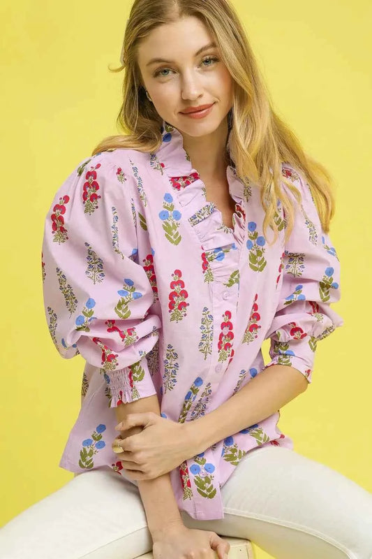 Floral Print Lantern Sleeve Button Down Shirt Blush Pink d6a97253-d192-44bf-a875-0e85adb20940-Max-Origin