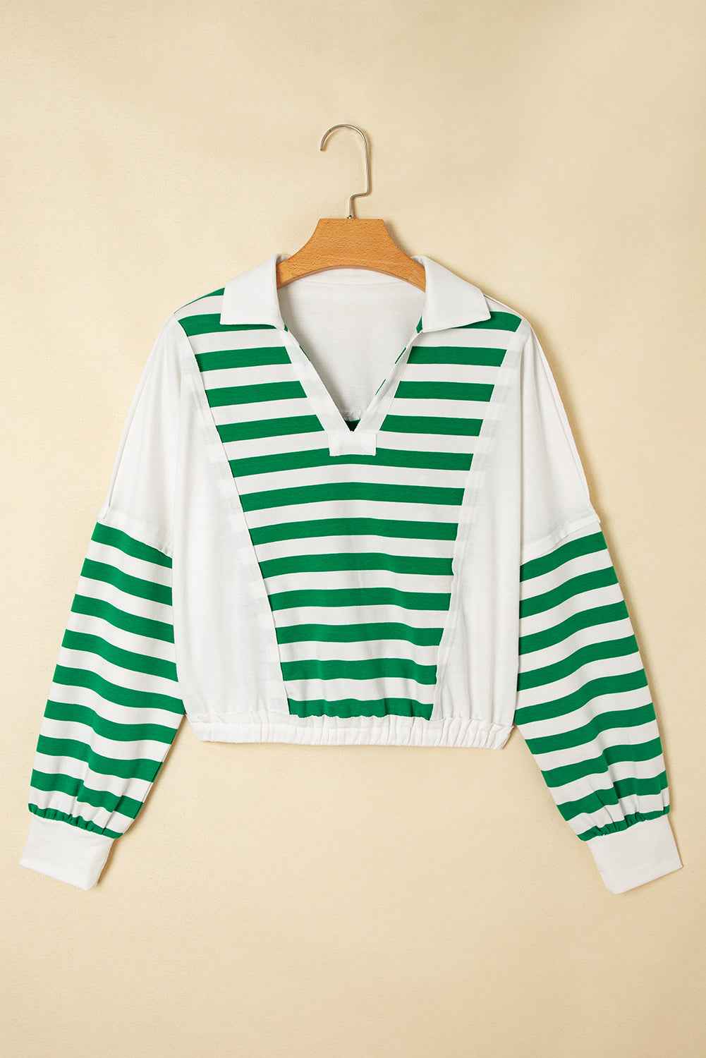 Green Striped Colorblock Patchwork Collared V Neck Cropped Pullover d6ad26b3e4599c76