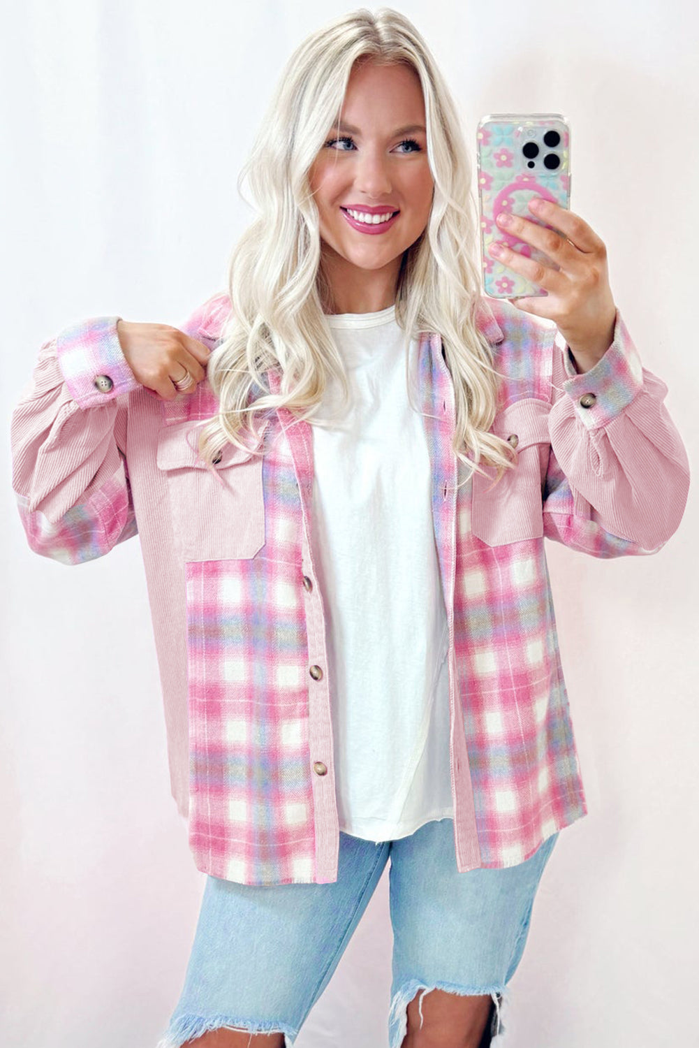 Pink Brushed Plaid Corduroy Flap Pockets Patchwork Shacket d6ae8c9212c450d9