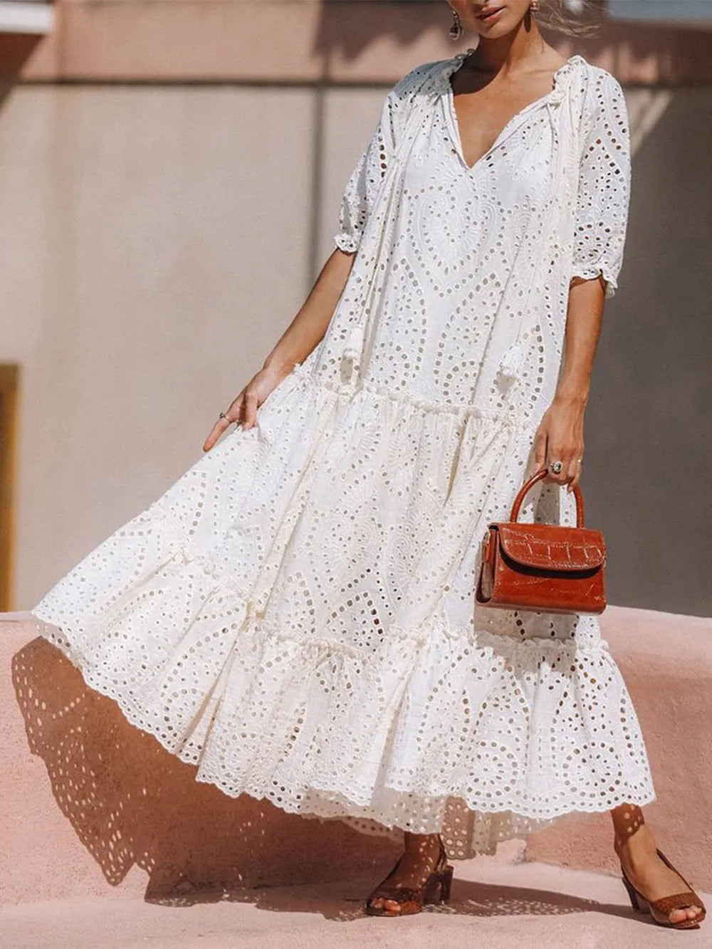 Tie Neck Half Sleeve Tiered Dress d6b0b01a-a24e-4767-9965-055a690c0cca-Max