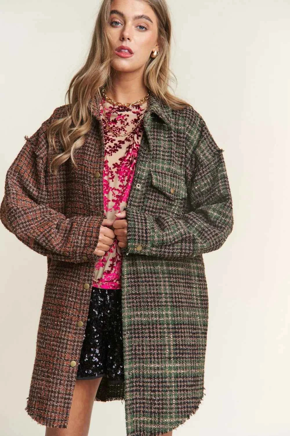 J.NNA Snap Down Tweed Plaid Contrast Longline Shacket d6b542df-741c-4685-9130-d4585cb0d326-Max