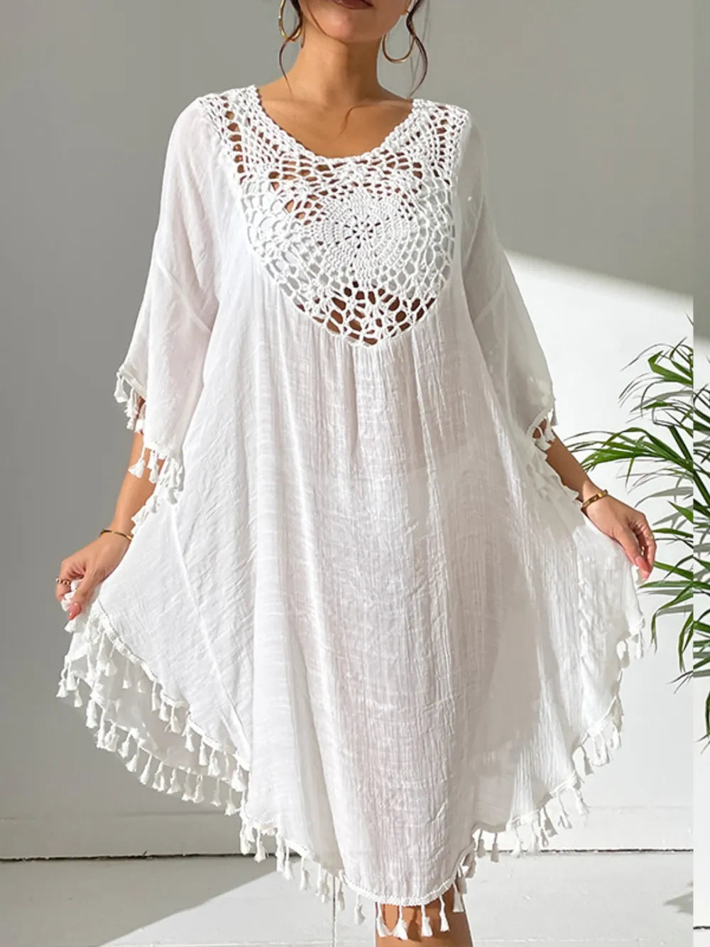Tassel Cutout Scoop Neck Cover-Up Dress White One Size d6b6fddc-23ab-4ed1-89fb-494fd59f1fd9-Max