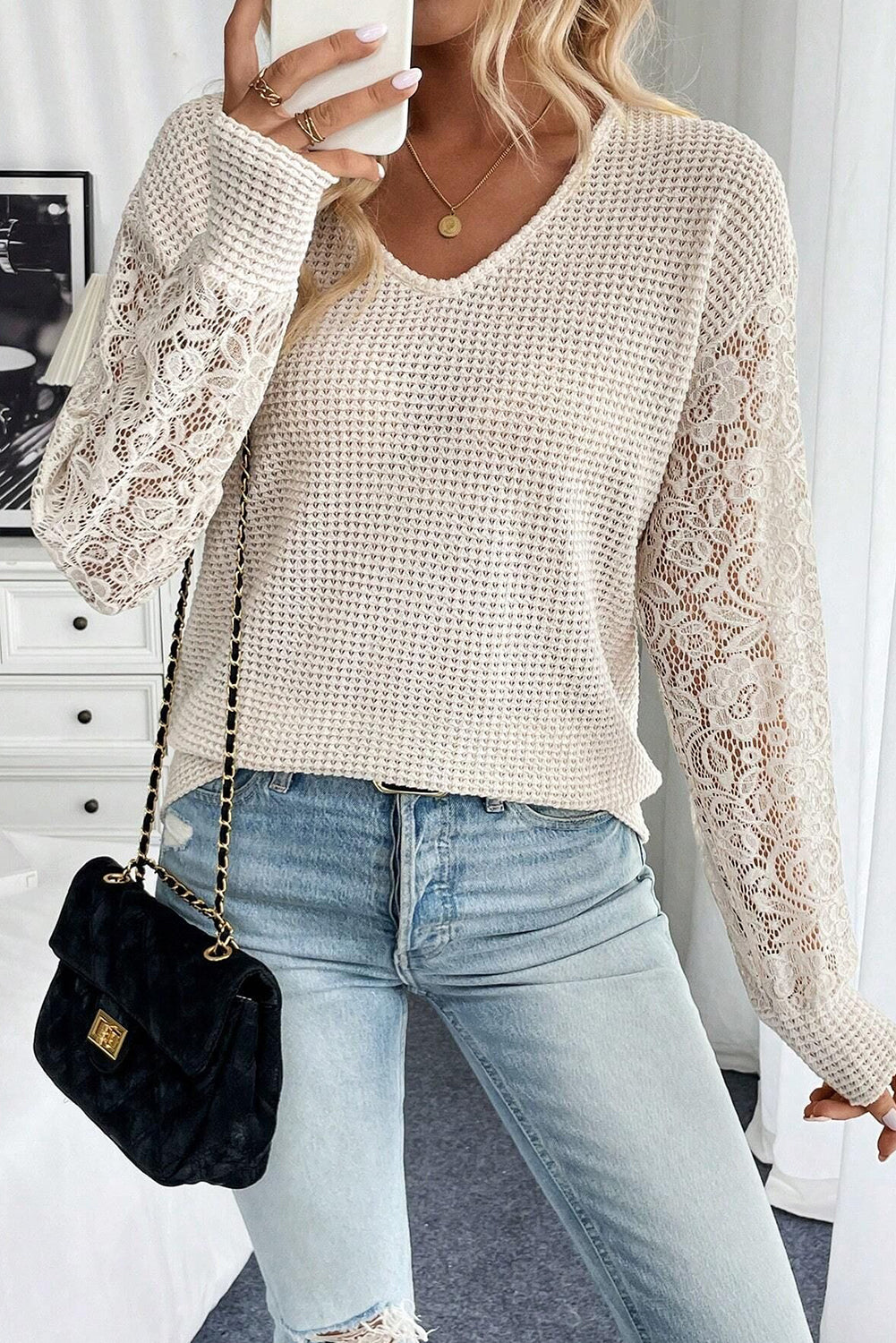 Beige Waffle V Neck Patchwork Lace Sheer Long Sleeve Top Beige 95%Polyester+5%Elastane d6b9d3eb38fe1ece