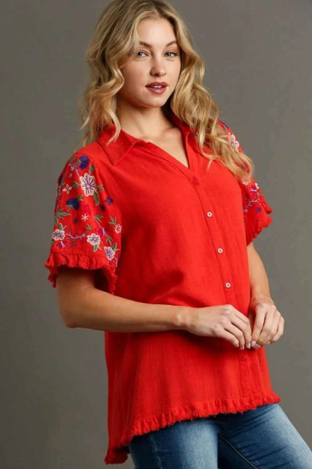 Umgee Full Size Linen Shirt with Embroidered Sleeves Plus Size d6bc5586-4618-4d57-9101-08fc4719331d-Max