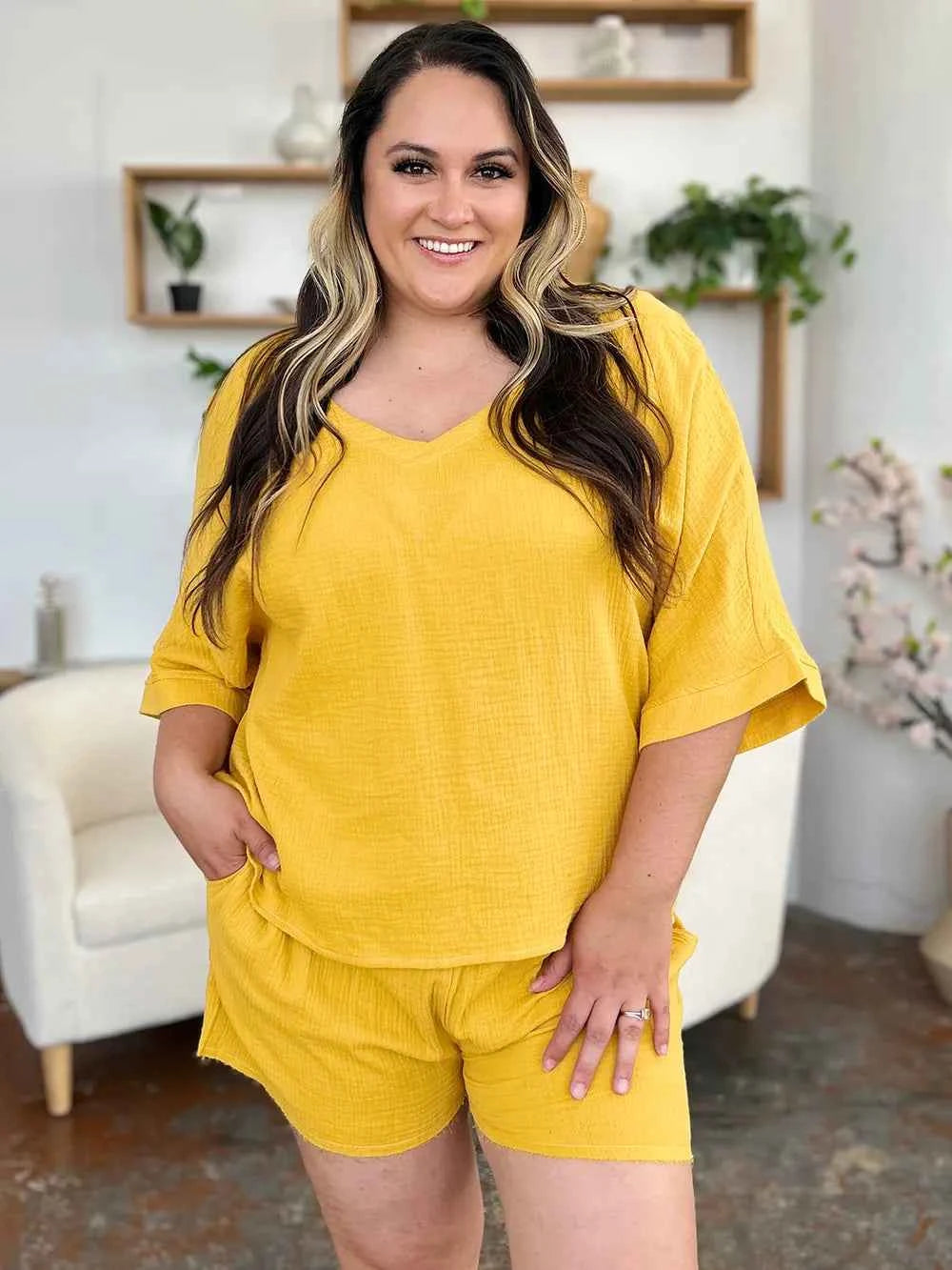 Double Take Texture Half Sleeve T-Shirt and Drawstring Shorts Set d6bd33c0-5ecc-48ee-b9f1-dd6b0ce4c3b4-Max