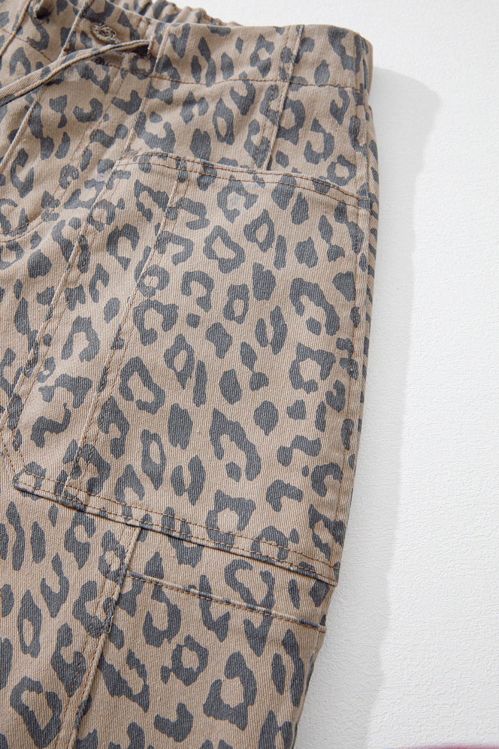 Khaki Leopard Print Drawstring Waist Pocketed Wide Leg Jeans d6c054fd484a8242