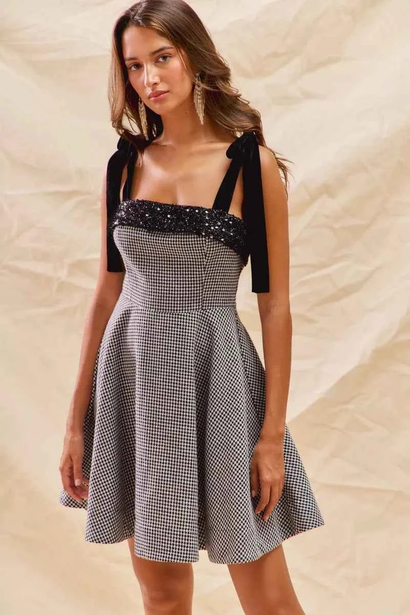 SO ME Houndstooth Fit Flare Mini Dress with Shoulder Tie d6c32187dbc24441a32bd17ce817e74a-Max-Origin