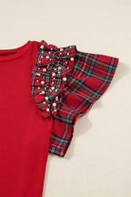 Racing Red Plaid Pearl Ruffled Sleeve Knitted Christmas Holiday Plus Size Top d6c786aa2a1ad617