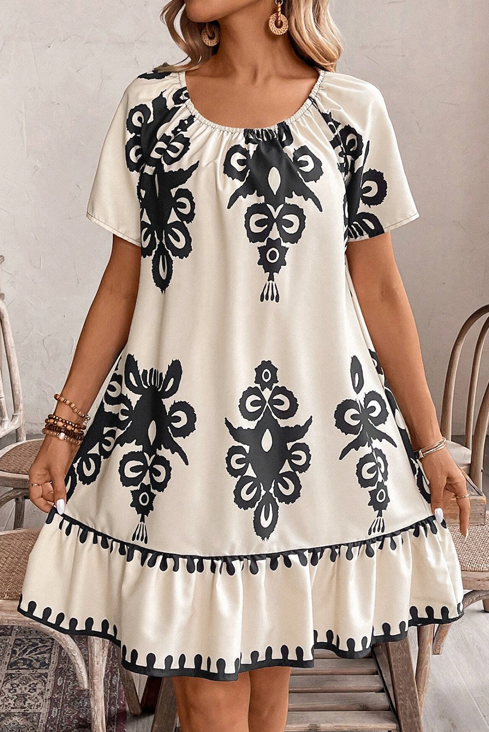 Apricot Ethnic Print Ruffle Hem Loose Mini Dress d6c78c84562f8732