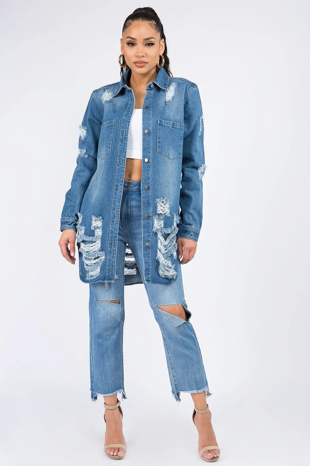 American Bazi Distressed Button Down Denim Shirt Jacket d6cf644a-ae67-4cd0-8b04-c163ce0be1c2-Max