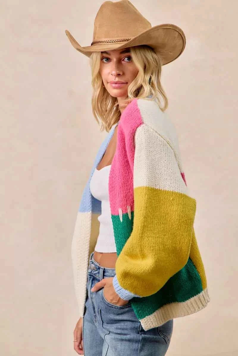 BiBi Color Block Open Front Sweater Cardigan d6d90e9bee03401b81a5e8f6120e2cf4-Max-Origin