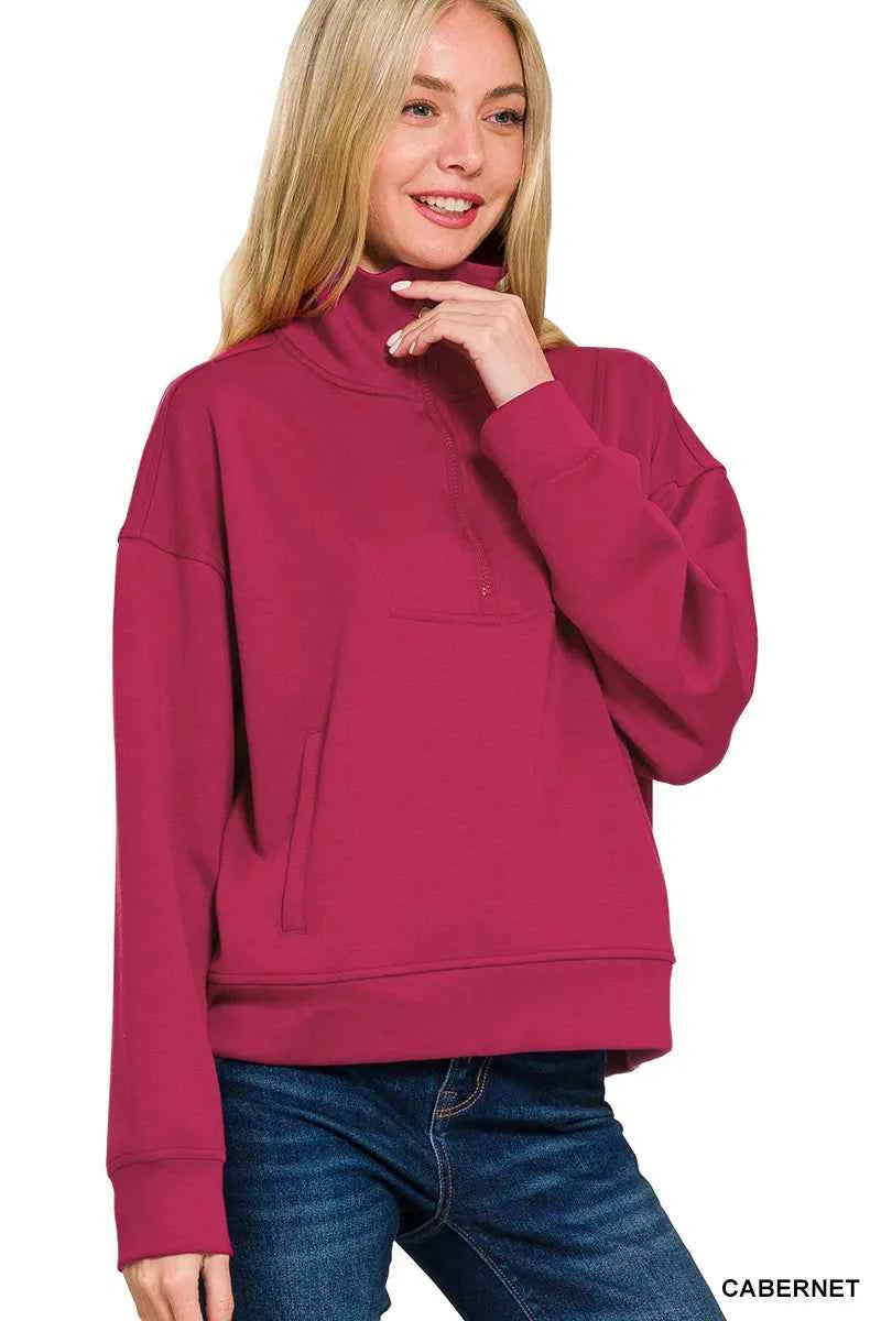 Zenana Scuba Half Zip Sweatshirt with Pockets d6db8835-81a6-4879-aa79-f903433c394b-Max-Origin