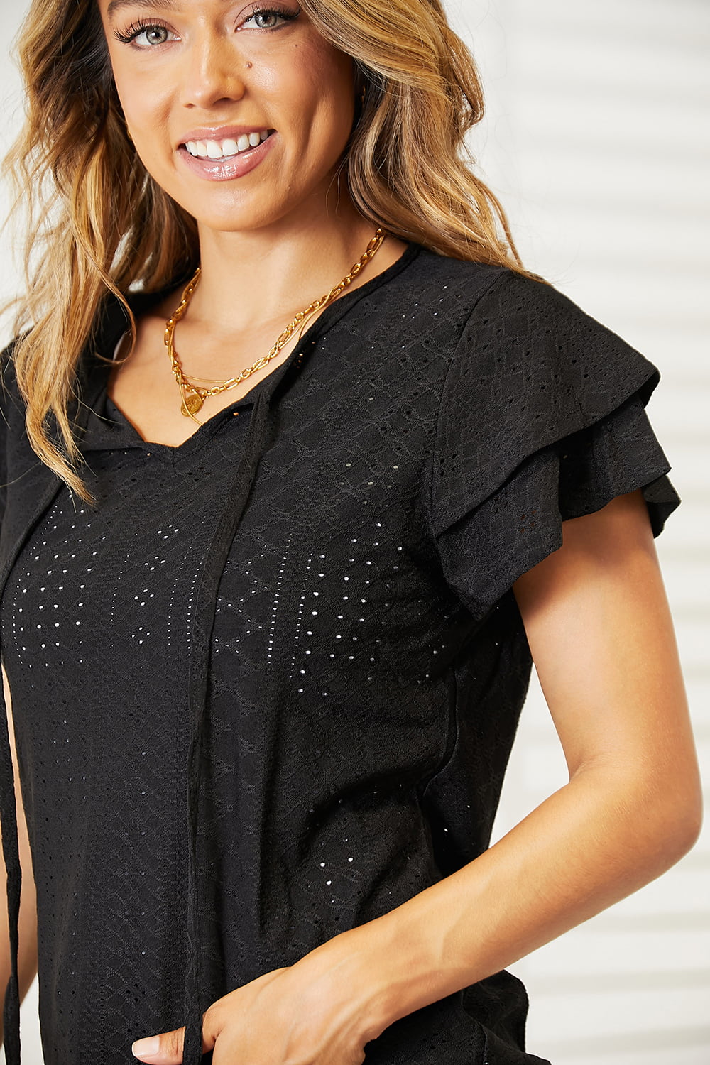 Mandy Eyelet Tie-Neck Flutter Sleeve Blouse d6e2548c91e84aa38ebdc2d4346f3fe0-Max
