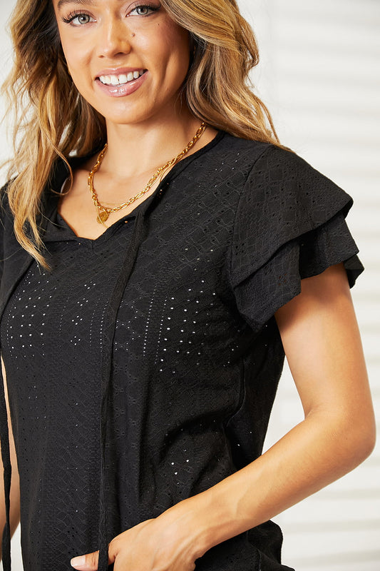 Mandy Eyelet Tie-Neck Flutter Sleeve Blouse d6e2548c91e84aa38ebdc2d4346f3fe0-Max