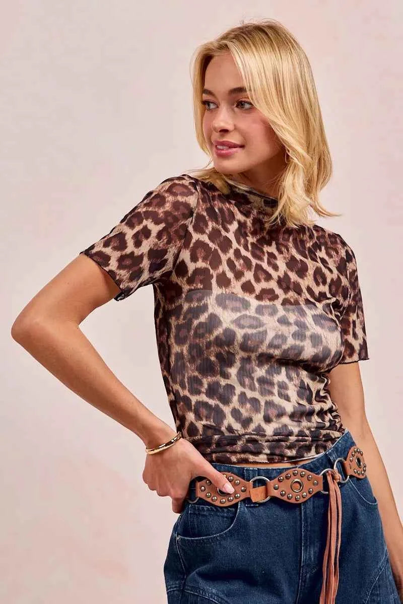 BiBi High Neck Leopard Mesh Short Sleeves Top d6e3047c91b24cb9860e18cc5d921471-Max-Origin