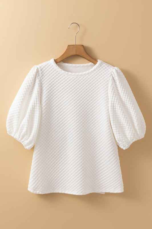 Solid Textured Round Neck Puff Sleeve Blouse White S d6e3b0e7-2e5b-4ef8-90eb-9eb733b78198