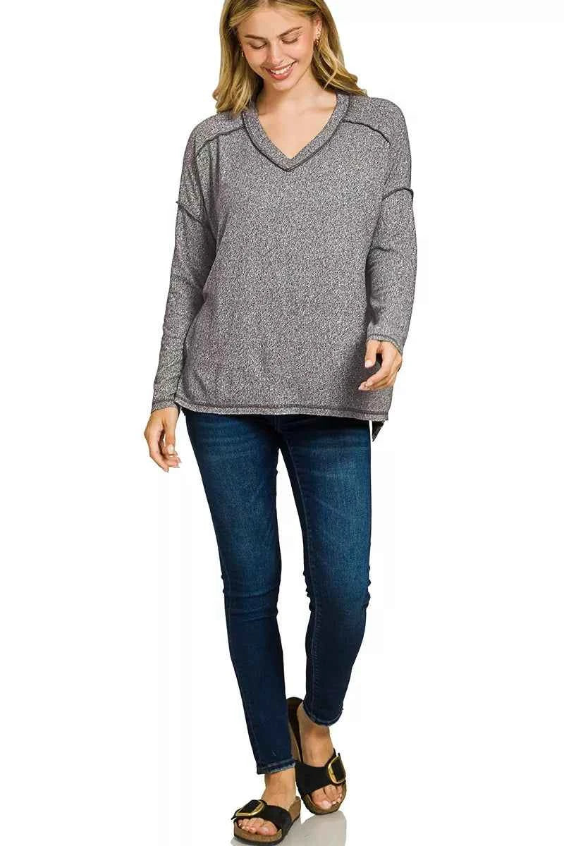Zenana Soft Melange Hacci Exposed Seam Hi-low Tee d6eb8674ea4341429bceb291735546fb-Max-Origin