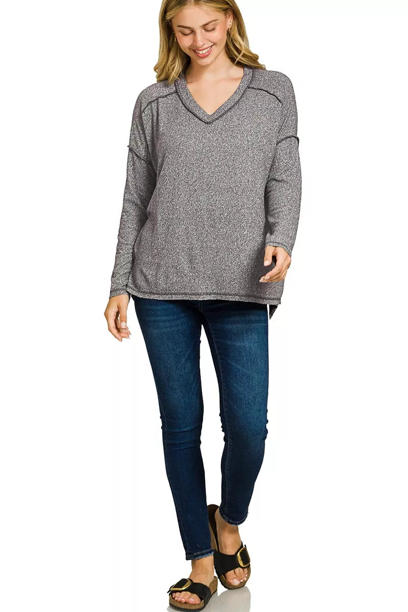 Zenana Soft Melange Hacci Exposed Seam Hi-low Tee d6eb8674ea4341429bceb291735546fb-Max-Origin