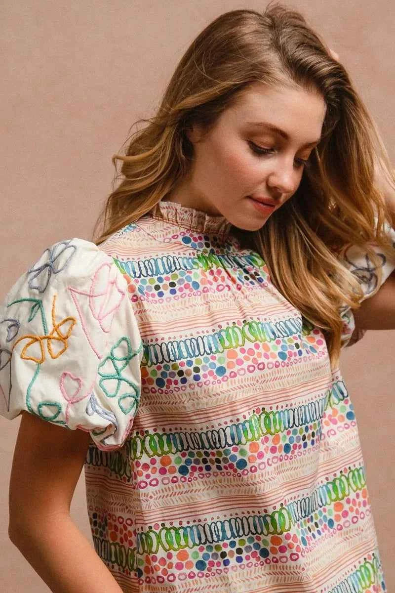 BiBi Ruffle Neckline Blouse With Embroidery Bubble Sleeve d6ef4604f75f4eb7a10e2e034ee6be6e-Max-Origin