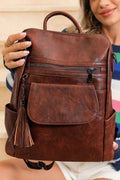 Dark Brown Tassel Decor Retro PU Large Capacity Backpack Dark Brown ONE SIZE 95%PU+5%Alloy d6f1a6d16da5b4f3