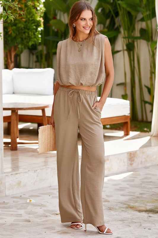 Solid Keyhole Puffy Tank and Pants Set Pale Khaki d6f5a45f-d445-403e-b96e-6c7015f377df