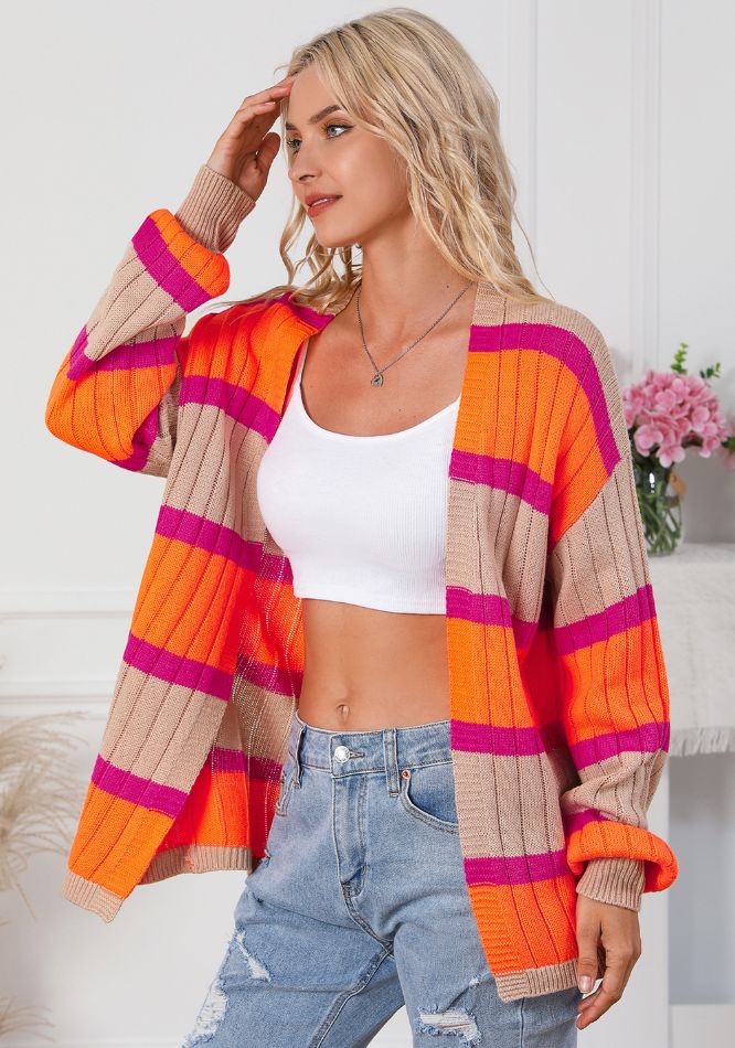 Contrast Striped Drop Shoulder Open Front Cardigan