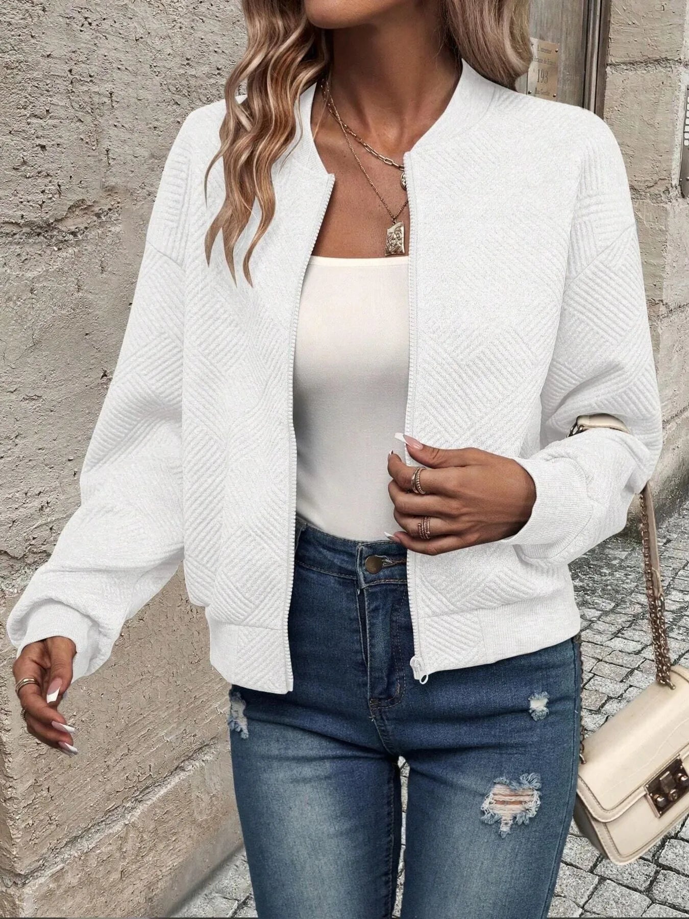 Zip-Up Textured Long Sleeve Jacket White d6fba721303b4cf695434533f83f3ca7-Max-Origin