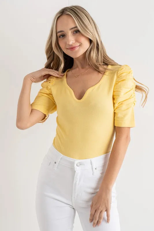 Basic Shirring Puff Sleeve Bodysuit - Ruched Regular Fit Pale Yellow d7006fdd8f8b4d9283e36629d869da74-Max-Origin