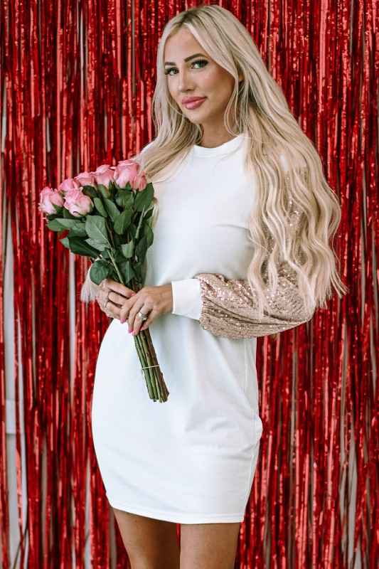 Valentine Sequin Patchwork Puff Sleeve Mini Dress White d7032f98-cc26-4da6-be78-3c81df1b9436