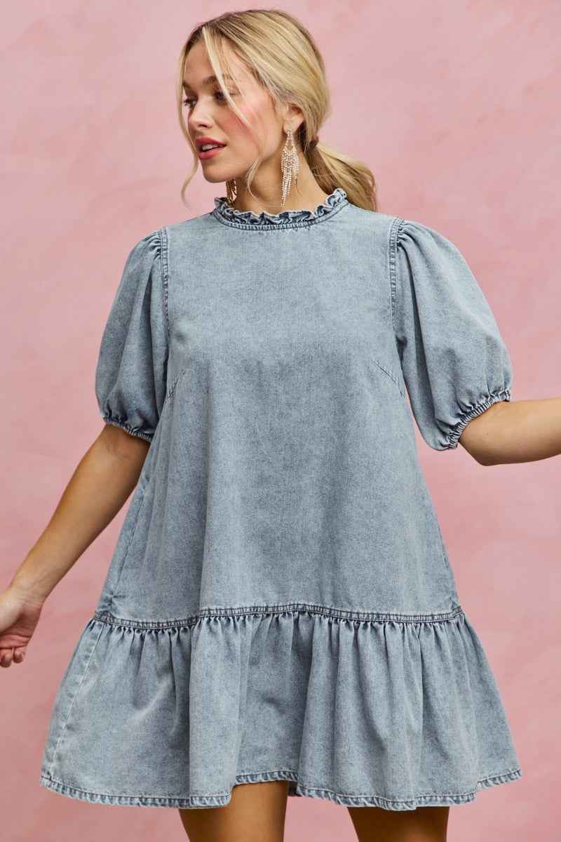 SO ME Denim Short Sleeves Mini Tiered Dress d704789624c84ca79bb0673d003b4226-Max