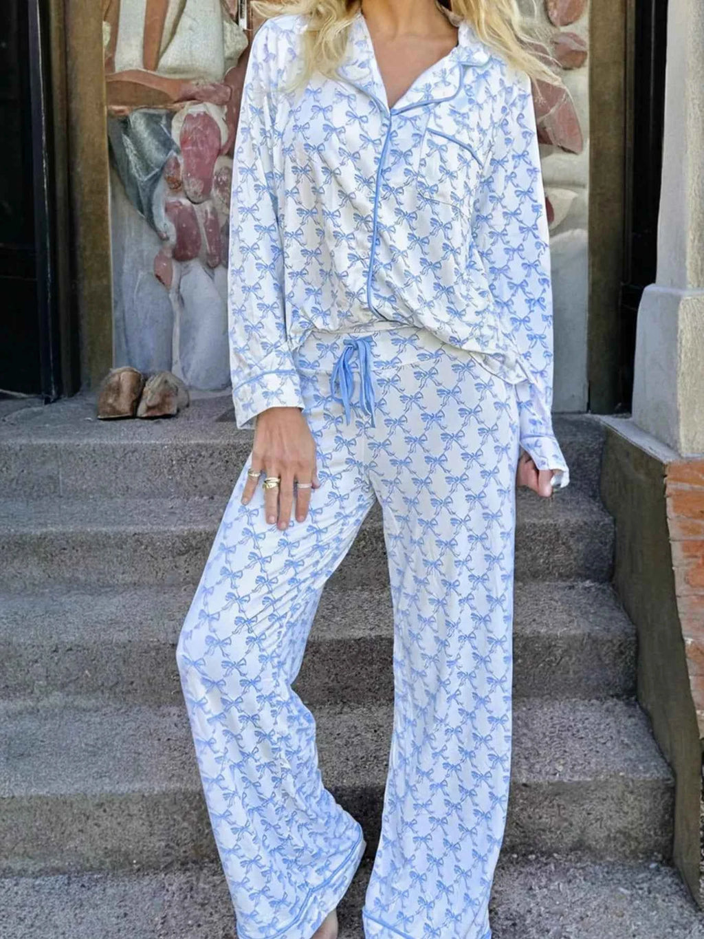 Bow Print Long Sleeve Shirt and Pants Pajama Set Light Blue d70502362708407a8e06563abeed44b7-Max-Origin