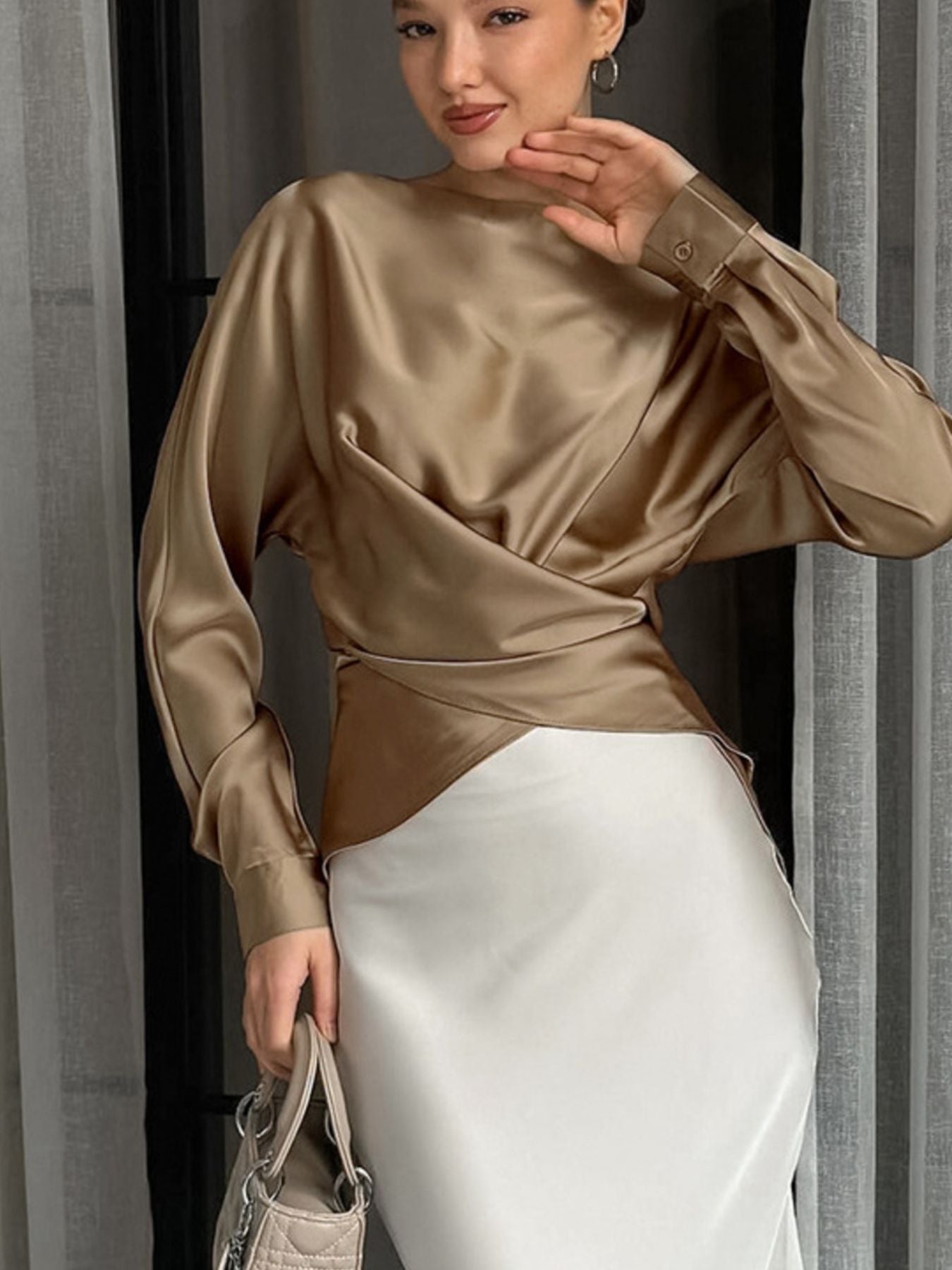 Ruched Long Sleeve Satin Blouse d706395a-ef8c-415d-be0f-f4985ae3dada-Max