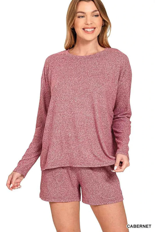 Zenana Soft Melange Long Sleeve Tee and Shorts Set CABERNET d70c0d7a2cf04c3ea1ab07cd17db68ab-Max-Origin