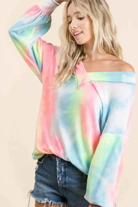 Tie Dye French Terry V-Neck Top with Puff Sleeves d710bdebe67c4536a982813f3d5084bb-Max-Origin