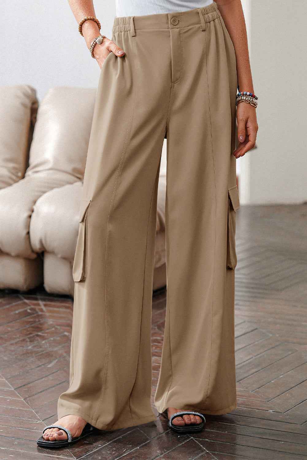 Camel Solid Color Elastic High Waist Loose Cargo Pants d710dfd7a832e9f5