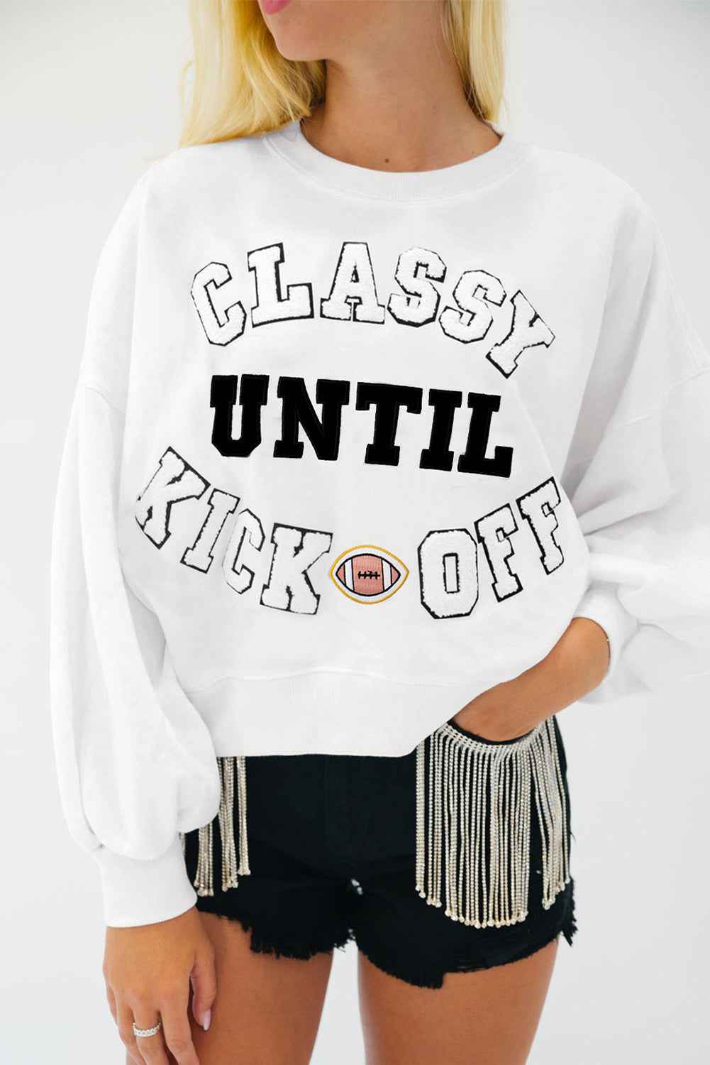 Black CLASSY UNTIL KICKOFF Plush Letter Patched Loose Sweatshirt d710f051fad95cbb