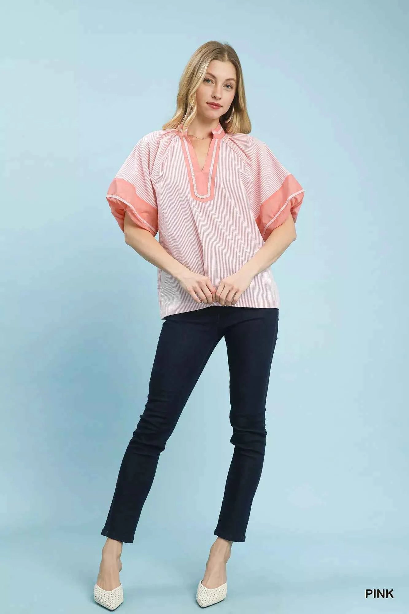 Umgee Striped Mixed Puff Sleeve Blouse d710f155-b218-41a2-bafb-e5b70e8f552a-Max-Origin
